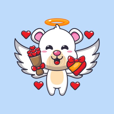 Téléchargez les illustrations : Mignon ours polaire Cupidon personnage de dessin animé tenant cadeau d'amour et bouquet d'amour. - en licence libre de droit