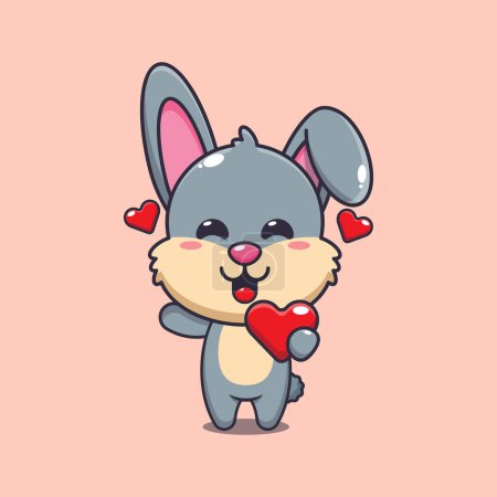 Ilustración de Lindo personaje de dibujos animados de conejo sosteniendo el corazón de amor en el día de San Valentín. - Imagen libre de derechos