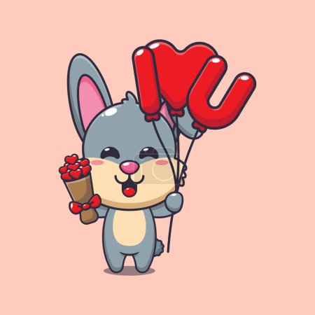 Ilustración de Lindo conejo personaje de dibujos animados con globo de amor y flores de amor. - Imagen libre de derechos