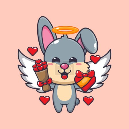 Ilustración de Lindo conejo Cupido personaje de dibujos animados con regalo de amor y ramo de amor. - Imagen libre de derechos