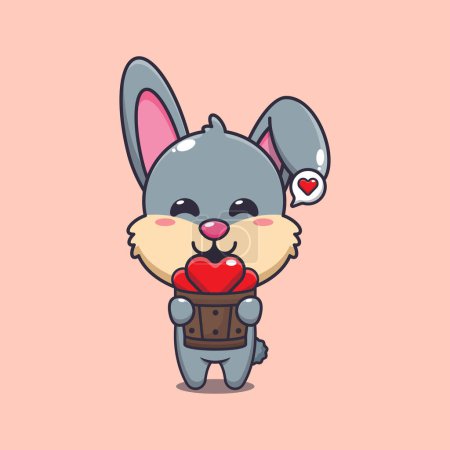 Ilustración de Lindo personaje de dibujos animados de conejo sosteniendo el amor en cubo de madera. - Imagen libre de derechos