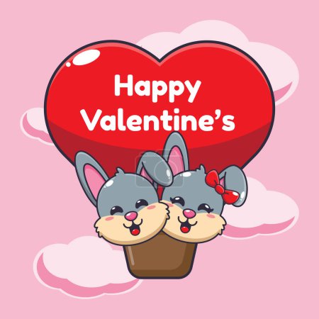 Ilustración de Lindo conejo personaje de dibujos animados volar con globo de aire en el día de San Valentín. - Imagen libre de derechos