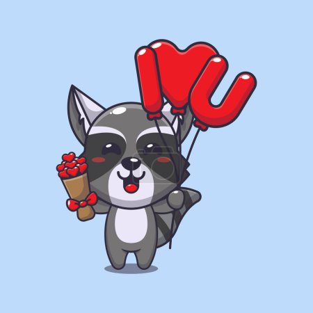 Illustration for Cute raccoon cartoon character holding love balloon and love flowers. - Royalty Free Image