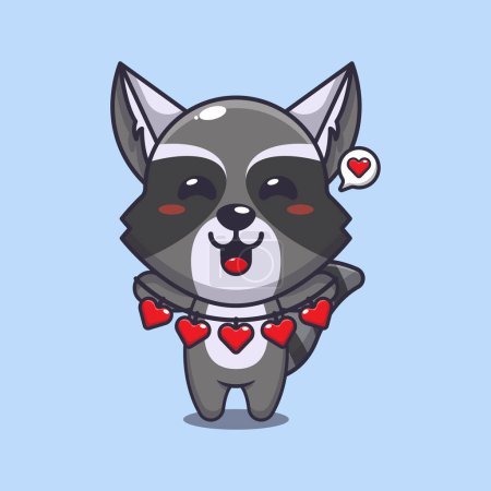 Illustration for Cute raccoon cartoon character holding love decoration. - Royalty Free Image