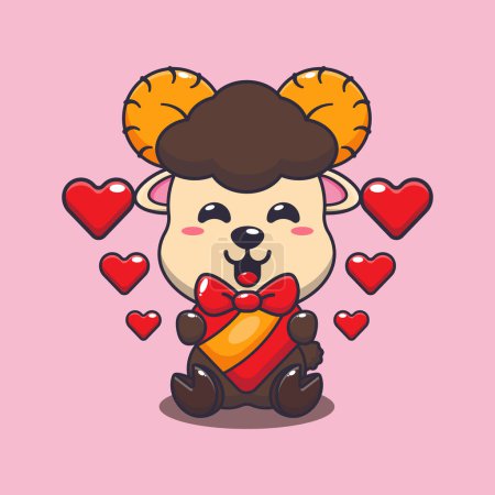 Illustration for Cute ram sheep happy with love gift in valentine's day. - Royalty Free Image