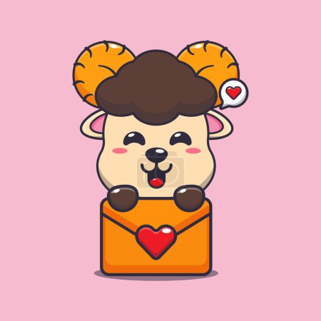 Illustration for Cute ram sheep cartoon character with love message. - Royalty Free Image