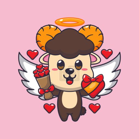 Illustration for Cute ram sheep cupid cartoon character holding love gift and love bouquet. - Royalty Free Image