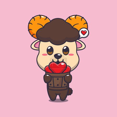 Illustration for Cute ram sheep cartoon character holding love in wood bucket. - Royalty Free Image