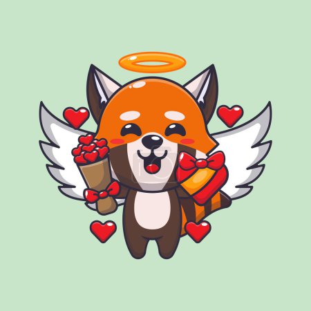 Téléchargez les illustrations : Mignon rouge panda Cupidon personnage de dessin animé tenant cadeau d'amour et bouquet d'amour. - en licence libre de droit