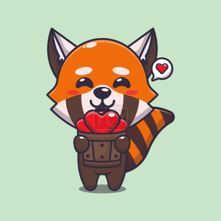 Ilustración de Lindo personaje de dibujos animados panda rojo sosteniendo el amor en cubo de madera. - Imagen libre de derechos