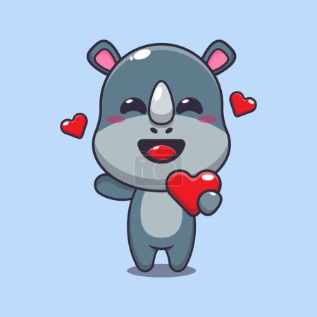 Ilustración de Lindo personaje de dibujos animados rinoceronte sosteniendo el corazón de amor en el día de San Valentín. - Imagen libre de derechos