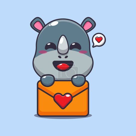 Téléchargez les illustrations : Mignon personnage de dessin animé rhino avec message d'amour. - en licence libre de droit