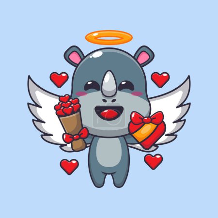 Téléchargez les illustrations : Mignon personnage de dessin animé rhinocéros tenant coeur d'amour à la Saint-Valentin. - en licence libre de droit