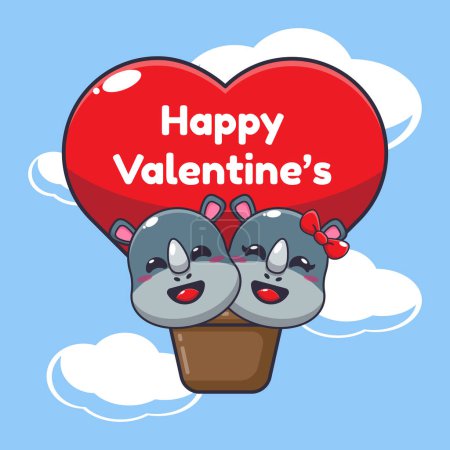 Ilustración de Lindo personaje de dibujos animados rinoceronte volar con globo aerostático en el día de San Valentín. - Imagen libre de derechos