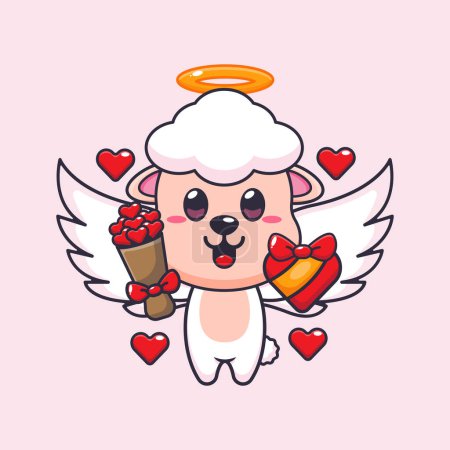 Téléchargez les illustrations : Mignon mouton Cupidon personnage de dessin animé tenant cadeau d'amour et bouquet d'amour. - en licence libre de droit