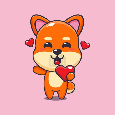 Téléchargez les illustrations : Mignon shiba inu personnage de dessin animé tenant coeur d'amour à la Saint-Valentin. - en licence libre de droit
