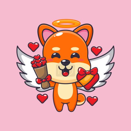 Téléchargez les illustrations : Mignon shiba inu Cupidon personnage de dessin animé tenant cadeau d'amour et bouquet d'amour. - en licence libre de droit