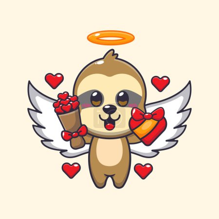 Téléchargez les illustrations : Mignon paresseux personnage de dessin animé Cupidon tenant cadeau d'amour et bouquet d'amour. - en licence libre de droit