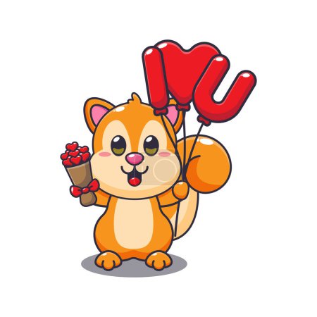 Téléchargez les illustrations : Mignon personnage de dessin animé écureuil tenant ballon d'amour et fleurs d'amour. - en licence libre de droit