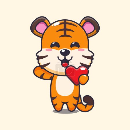 Illustration for Cute tiger cartoon character holding love heart at valentine's day. - Royalty Free Image