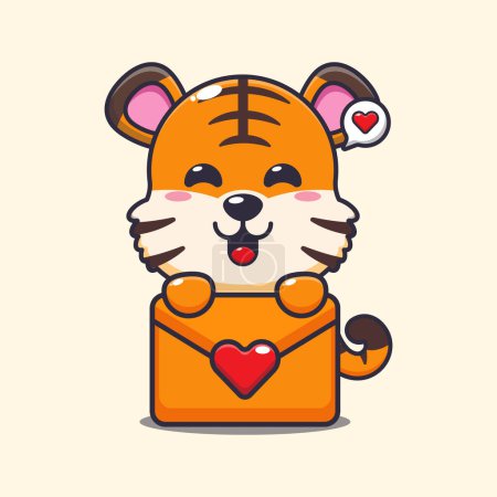 Téléchargez les illustrations : Mignon personnage de dessin animé tigre avec message d'amour. - en licence libre de droit