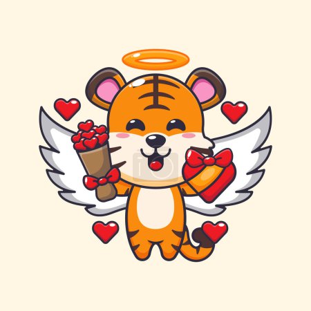 Téléchargez les illustrations : Mignon tigre Cupidon personnage de dessin animé tenant cadeau d'amour et bouquet d'amour. - en licence libre de droit