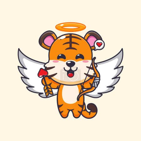 Téléchargez les illustrations : Mignon tigre Cupidon personnage de dessin animé tenant flèche d'amour. - en licence libre de droit