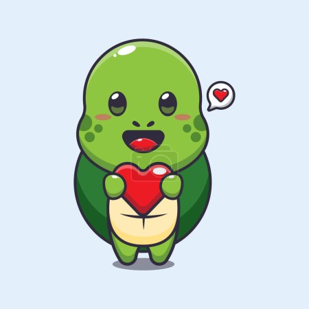 Ilustración de Lindo personaje de dibujos animados tortuga sosteniendo corazón de amor. - Imagen libre de derechos