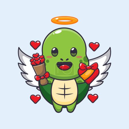 Ilustración de Lindo personaje de dibujos animados de tortuga Cupido sosteniendo regalo de amor y ramo de amor. - Imagen libre de derechos