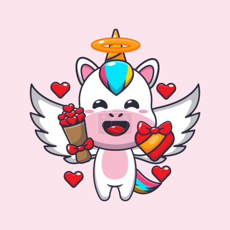Illustration for Cute unicorn cupid cartoon character holding love gift and love bouquet. - Royalty Free Image