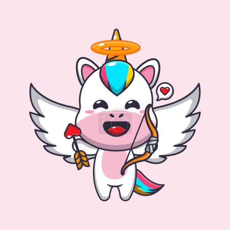 Ilustración de Lindo unicornio Cupido personaje de dibujos animados con flecha de amor. - Imagen libre de derechos