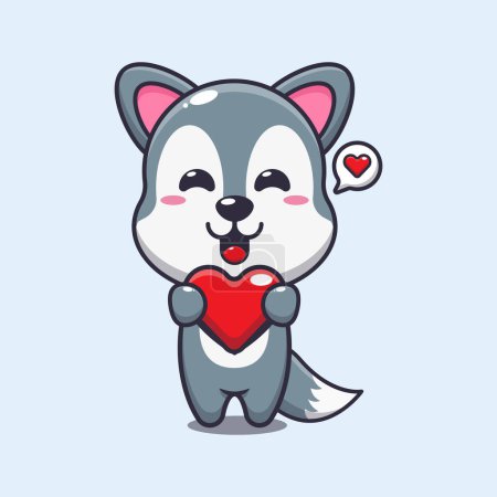 Illustration for Cute wolf cartoon character holding love heart. - Royalty Free Image