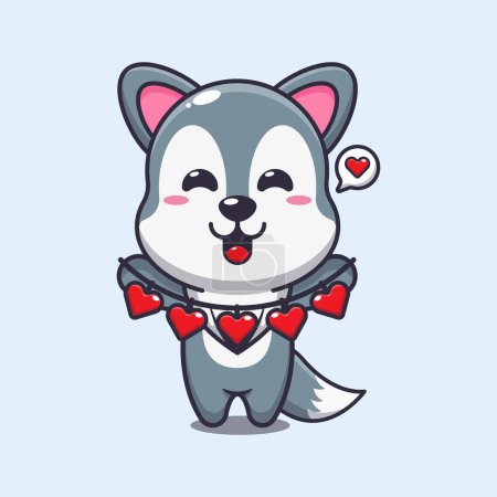 Illustration for Cute wolf cartoon character holding love decoration. - Royalty Free Image