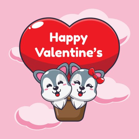 Illustration for Cute wolf cartoon character fly with air balloon in valentine's day. - Royalty Free Image