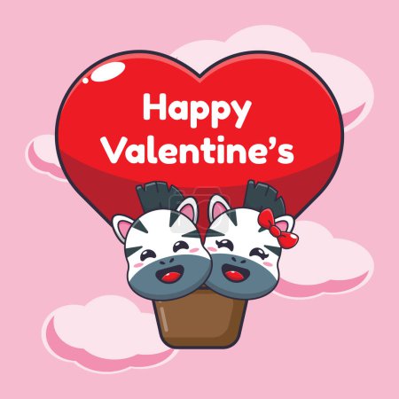 Ilustración de Lindo personaje de dibujos animados de cebra volar con globo de aire en el día de San Valentín. - Imagen libre de derechos