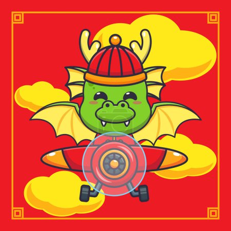 Téléchargez les illustrations : Mignonne mouche dragon avec avion en nouvelle année chinoise. - en licence libre de droit