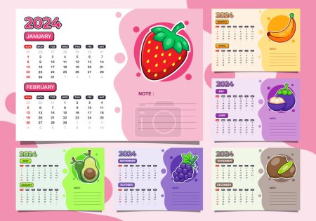 Ilustración de Calendario 2024 año con tema de frutas. Plantilla de calendario trimestral para 2024 años. - Imagen libre de derechos