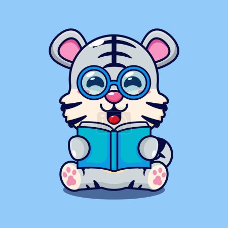 Illustration for White tiger reading a book cartoon vector illustration. - Royalty Free Image