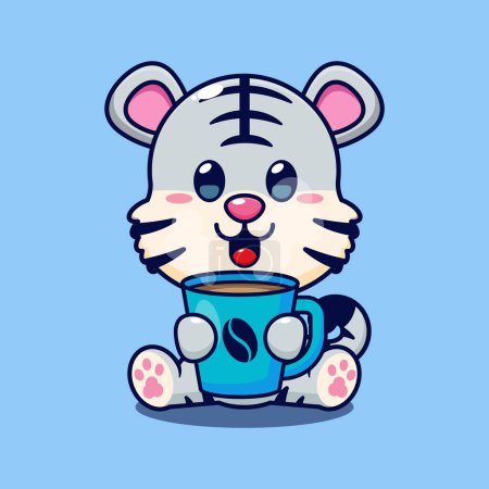Téléchargez les illustrations : Tigre blanc avec illustration vectorielle de dessin animé café chaud. - en licence libre de droit