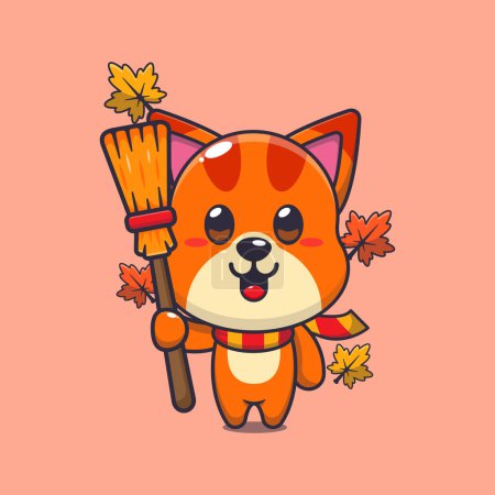Illustration for Cute autumn cat holding broom. Mascot cartoon vector illustration suitable for poster, brochure, web, mascot, sticker, logo and icon. - Royalty Free Image