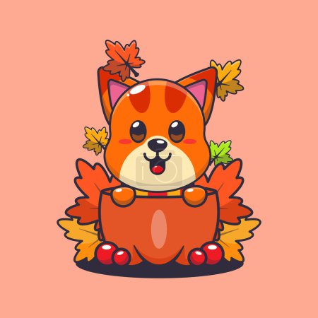 Illustration for Cute cat in a pumpkin at autumn season. Mascot cartoon vector illustration suitable for poster, brochure, web, mascot, sticker, logo and icon. - Royalty Free Image