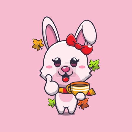Illustration for Cute bunny with coffee in autumn season. Mascot cartoon vector illustration suitable for poster, brochure, web, mascot, sticker, logo and icon. - Royalty Free Image