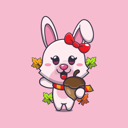 Illustration for Cute bunny with acorns at autumn season. Mascot cartoon vector illustration suitable for poster, brochure, web, mascot, sticker, logo and icon. - Royalty Free Image