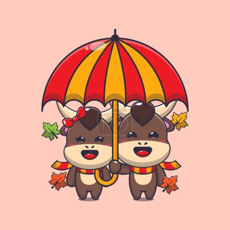 Illustration for Cute couple bull with umbrella at autumn season. Mascot cartoon vector illustration suitable for poster, brochure, web, mascot, sticker, logo and icon. - Royalty Free Image