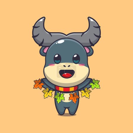 Illustration for Cute buffalo with autumn leaf decoration. Mascot cartoon vector illustration suitable for poster, brochure, web, mascot, sticker, logo and icon. - Royalty Free Image
