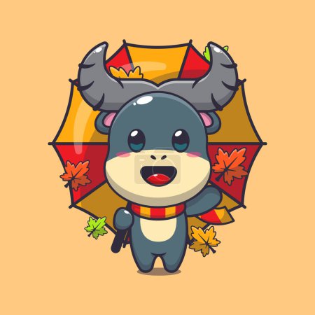 Illustration for Cute buffalo with umbrella at autumn season. Mascot cartoon vector illustration suitable for poster, brochure, web, mascot, sticker, logo and icon. - Royalty Free Image