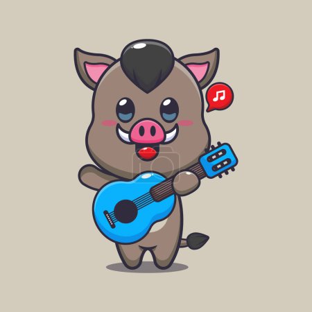 Illustration for Cute boar playing guitar cartoon vector illustration. - Royalty Free Image