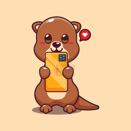Illustration for Cute otter with phone cartoon vector illustration. - Royalty Free Image