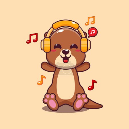 Ilustración de Lindo nutria escuchar música con auriculares ilustración vector de dibujos animados. - Imagen libre de derechos