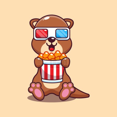 Illustration for Cute otter eating popcorn and watch 3d movie cartoon vector illustration. - Royalty Free Image